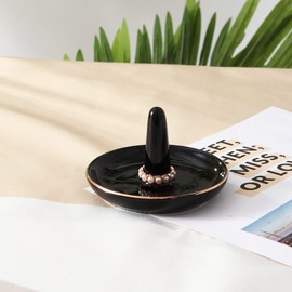 oskas Black Round Ring Tray Holder, Decorative Porcelain Ornament Jewelry Tray for Rings, Earrings, Necklaces, 4 Inch, Engagement Wedding Birthday Mother's Day Christmas Gift, Ceramic