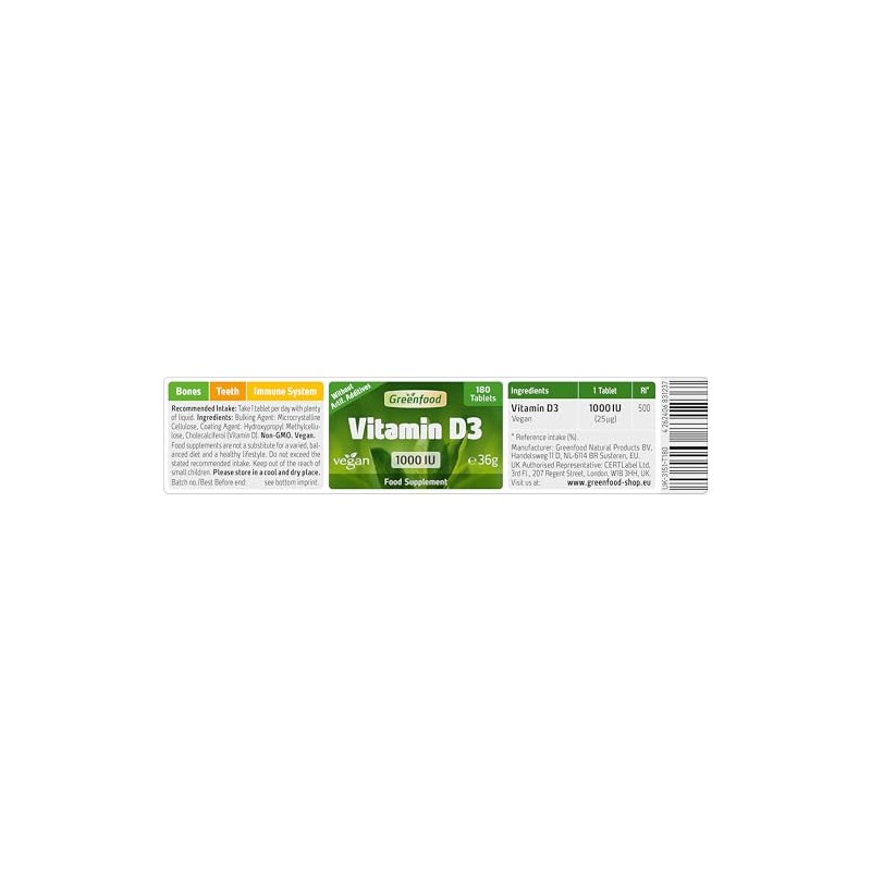 Greenfood Vitamin D3, 1000 IU, Vegan, high dose,180 Tablets -