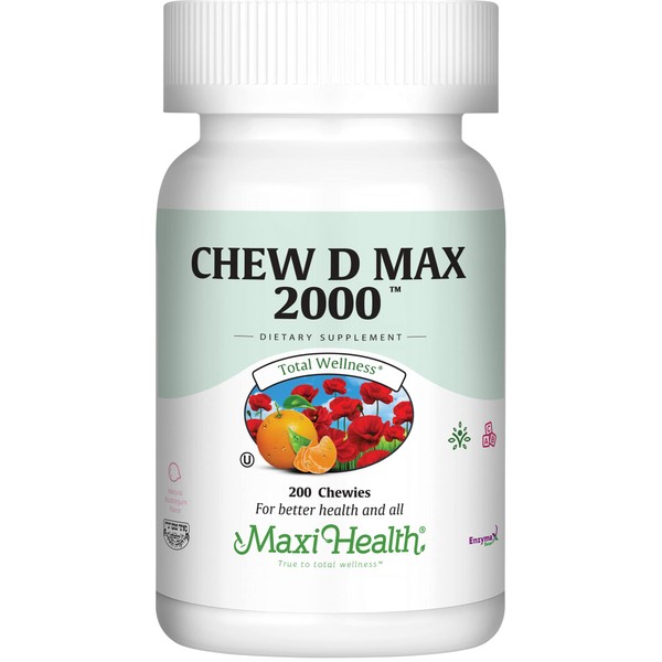 Maxi Health Chewable Vitamin D3 2000 IU Supplement - Delicious Natural Bubble Gum Flavor - Supports Calcium Absorption, Immune and Bone Health in Adult Women, Men, Children & Toddlers - 200 Chews