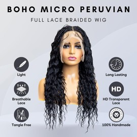PIB Full Lace Braid Wig - Micro Box Braided Wig with Peruvian Deep Wave - Knotless Braids for Black Women - Single Lace Front Wig - Boho Style Curly Hair Wig (#1 Jet Black, 24 Inch)