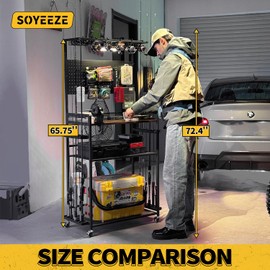 SOYEEZE Large Size Fishing Rod Holders for Garage, Heavy Duty 4-Tier Fishing Pole Rack Holds up to 12 Rods with Pegboard and Hooks, Fishing Gear Organizer, Fishing Storage Cart with Lockable Wheels