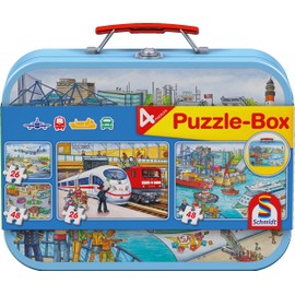 Schmidt Spiele 56508 Transport, puzzle box in a metal case, 2x26 and 2x48 pieces children's jigsaw, colorful