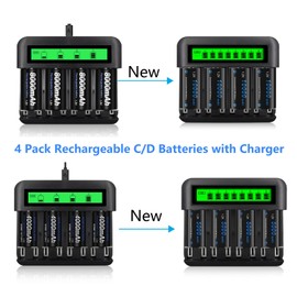 CITYORK 4 Pack Rechargeable C Batteries 5000mAh with Charger for 1.2V Ni-MH AA AAA C D Rechargeable Batteries, 8 Slots LCD Smart Battery Charger with C Cell Batteries (Included USB Cable)