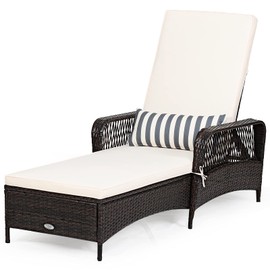 Tangkula Wicker Chaise Lounge Outdoor, Patio Rattan Reclining Chaise with 6-Gear Adjustable Backrest, Thick Padded Cushion & Removable Lumbar Pillow, Pool Lounge Chairs for Outside Balcony Backyard
