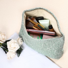 VOCOSTE Flower Cosmetic Bags, Zipper Floral Makeup Bags, Canvas Large Capacity Makeup Pouch, Women's Makeup Bag Suitable for Coin Lipsticks, Light Green