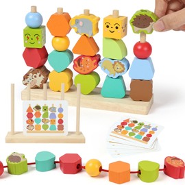 AOOTE Wooden Beads Sequencing Toy Set, Montessori Wooden Toys for Boys and Girls, Stacking Blocks & Lacing Beads & Matching Shapes, Threading Bead Stacking Blocks Toys for Toddlers 3+ Year Old