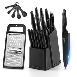 HaWare Knife Set, 21 Pieces Stainless Steel Kitchen Knife Block Set, Black Chef Knife Sets with 6 Steak Kinves, Measuring Spoon & Slicer for Home, Sharp Blade & Light Weight Cutlery, Ergonomic Handle