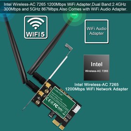 LinksTek Wireless-AC 1200Mbps (2.4GHz 300Mbps and 5GHz 867Mbps) PCIE WiFi Adapter, PCIE WiFi Card, Intel Wireless-AC 7265 Network Adapter for Windows 11,10, 8.x, 7 (32/64bit) Desktop PCs (PCIE-AC7265)
