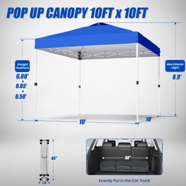 PHONWHON Shades 10x10 Pop Up Canopy with One Push Setup,Heavy Duty Beach Tent with Wheels for Easy Moving, Sun Shelter for Parties,Events, Outdoor Gazebo with 420D Coated Waterproof Blue Fabric