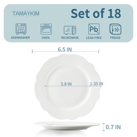 TAMAYKIM 18 Pieces 6.5 Inch Porcelain Dinner Plates, Lotus Leaf Shape Dessert Plate, Appetizer Plates, Small Dinnerware Sets, Scratch Resistant, Microwave, Oven, and Dishwasher Safe, White