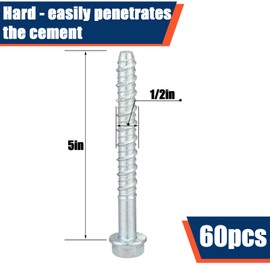 Tandefio 60 Pack 1/2" x 5" Concrete Screw Anchor Galvanized Large Diameter Heavy Duty Plated Concrete Anchors for Masonry Brick Anchoring Block Decking Framing Hex Drive
