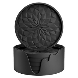 ME.FAN ME.FAN Silicone Coasters [6 Pack] Coasters with Holder - Drinking Coasters - Cup Mat for Drinks - Live for Hot or Cold Drink Thickened, Non-Slip, Non-Stick, Deep Tray Black