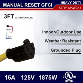AIDA 3FT Auto Reset 12/3 Gauge SJTW Heavy Duty GFCI Extension Cord with 3 Prong Grounded Plug, 15 AMP Yellow Outdoor Extension Cable with LED Lighted, UL Listed, 1 Pack (3FT GFCI Plug Adapter)