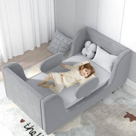 DoCred Toddler Bed, Kid Bed with Safty Broad, Standard Crib Size Toddler Cot, Wood Toddler Beds Frame,Upholstered Floor Bed for Children