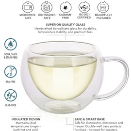 Teabloom Modern Classic Insulated Cups – 6 oz / 200 ml – Set of 4 Double Walled Glass Cups for Tea or Espresso