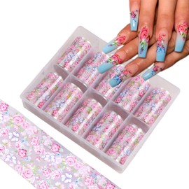 WOKOTO 10 Rolls Rose Flowers Nail Foils Nail Art Transfer Stickers for Women Nails Designs Transfer Foils Pink Rose Flower Nail Transfer Foils Sheet Decals Floral Nail Foil (1.57inch×39.4inch)