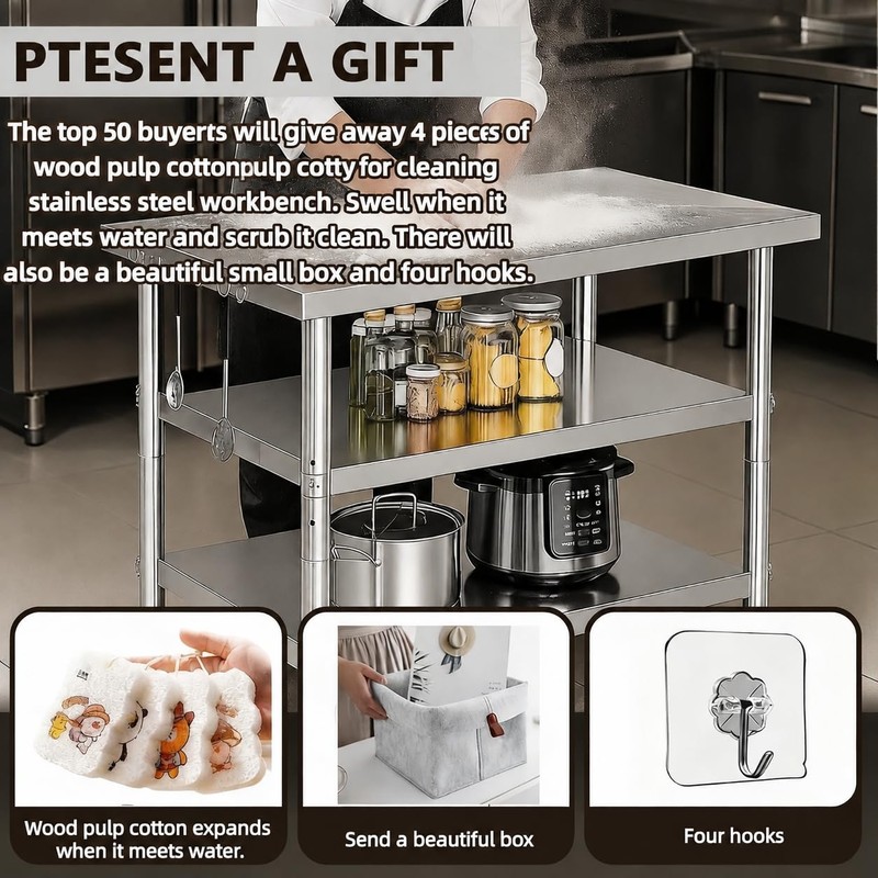 Stainless steel kitchen prep and work table with Wheels,36x24in,Multi-Size