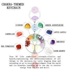 Sahoottie Sahoottie Round Tree of Life Crystal Keyring for Women 7 Chakra Crystal Gifts for Women Tumbled Gemstones Silver Keyring