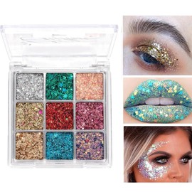 KARLOR Face Glitter Palette, 9 Colours Eyes Glitter Sequins Face Glitter Eyes Sparkling Glitter Eyeshadow Palette Green Gold Silver Blue Glitter Sequins Festvial Carnival Party Stage Makeup
