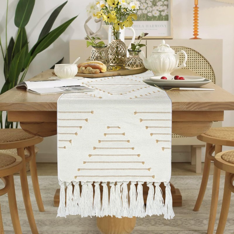 Fall Boho Table Runner with Tassels, Woven Farmhouse Decor, 12x48