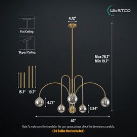 Wystco Modern Sputnik Globe Chandelier, 6-Light Brass Gold Linear Chandeliers for Dining Room and Kitchen Island, Mid Century Light Fixture Over Table, (Smoke Grey Glass Bubble Shades, 40 Inch)