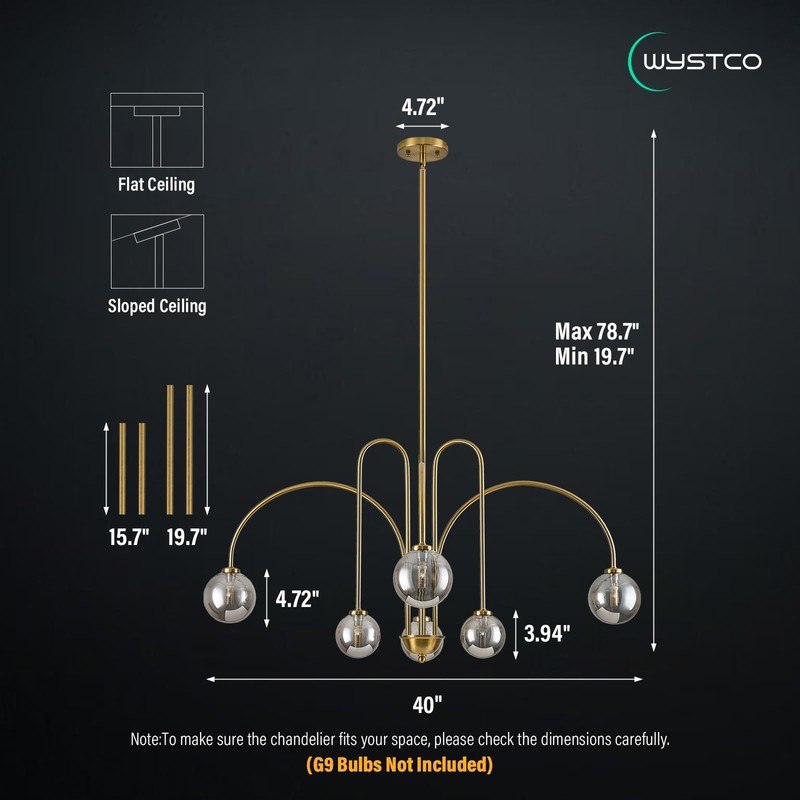 Wystco Modern Sputnik Globe Chandelier, 6-Light Brass Gold Linear Chandeliers