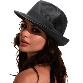 DRESHOW Women Straw Sun Hat Short Brim Panama Travel Fedora Beach Cap Roll up Summer Hat for Women Men UPF 50+