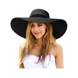Sun Hats for Women Oversize Wide Brim Straw Beach Hat UV Protection Floppy Foldable Roll-Up Travel Summer Vacation UPF 50+ Black