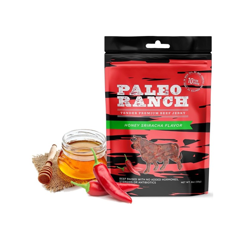 PALEO RANCH Grass-Fed Beef Jerky, Honey Sriracha, No Added Hormones,