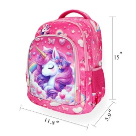 usmikeys Pink Unicorn Girls Backpack Cute Kids School Bag for Elementary Toddler Kindergarten Preschool, Children's Bookbag Travel Back Pack With Chest Strap 15"