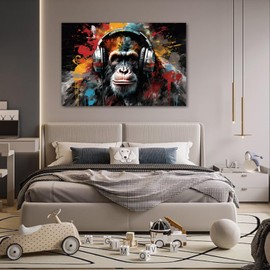 LYUNSHUO Graffiti Monkey Canvas Wall Art Colorful DJ Chimp Pictures Print Modern Pop Street Painting Artwork for Man Cave Living Room Bedroom Bathroom Home Office Decor Framed(Monkey-2,16.00"x24.00")