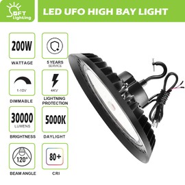 BFT High Bay Light, 200W UFO LED, 30000LM, 5000K Daylight, IP65 Waterproof, 1-10V Dimmable, ETL Listed, 5ft US Plug, Warehouse Shop Lights for Garage, Industrial & Commercial Spaces