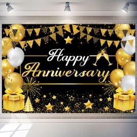 Art_Angels Happy Anniversary Backdrop 10X8 ft Large Black and Gold Balloons design Wall Hanging, Elegant Photography Background Booth Prop Banner for Indoor Outdoor Party Decorations