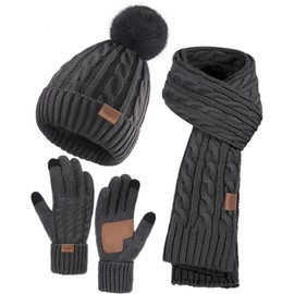 Women Beanie Hat Scarf Gloves Set, 3 PCS Winter Warm Pom Pom Beanie Hat Skull Cap Long Knit Neck Scarf & Touchscreen Gloves Set for Cold Weather, Christmas Holiday Gifts for Mom Wife Friend Sister Her