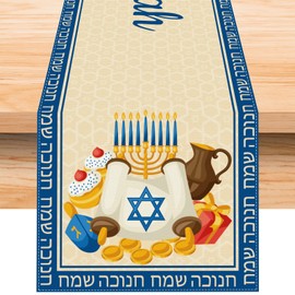 Linen Blue Happy Hanukkah Table Runner 72 Inches Long Hanukkah Tablecloth Hanukkah Decor Jewish Hanukkah Chanukah Table Decorations for Home