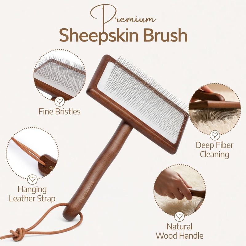WaySoft Sheepskin Rug Brush with Premium Natural Beech Wood Handle,