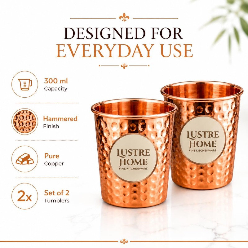 lustre Home Hammered Pure Copper Cups 300ml Set of 2