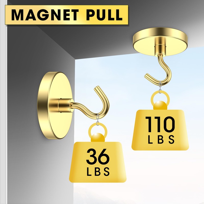 VNDUEEY 10 Pack 110 Lbs Gold Magnetic Hooks, Neodymium Magnet