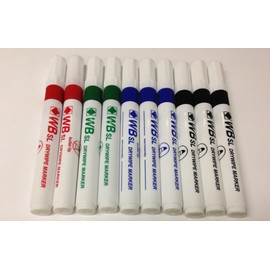 PACK OF 10 ASSORTED SL WHITEBOARD FLIPCHART MARKER PENS. 3x BLACK, 3x BLUE, 2x RED 2x GREEN. BULLET TIP. DRYWIPE