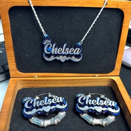 Custom Hearts and Swirls with Crown Jewelry, Wood Gift Box, Nameplate Necklace and Bamboo Hoop Earrings, Gold or Silver, 3 sizes, Laser Cut, Sparkling Script Letters, Color Choice, Made in CT, USA