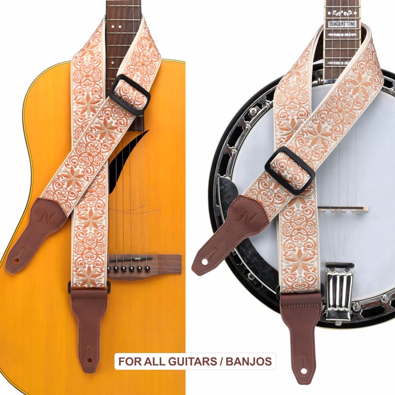 Nefelibata Banjo Strap 2" Wide Full Grain Leather Jacquard Embroidered
