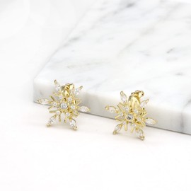 QUKE Snowflake Shape Zirconia Crystal Golden Clip On Earrings Non Pierced Stud for Women Girls