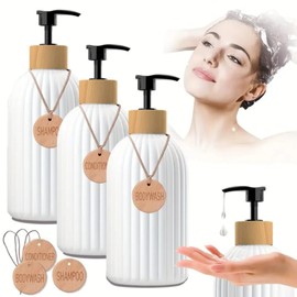 White Hand Soap Dispenser for Bathroom 3 Units 500 ml Each, Dish Soap Dispenser Set for Kitchen Sink with Bamboo Pump, Wooden Dispenser