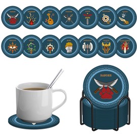CZYY DND Coasters Set of 14 with Holder - 5E Classes Icons Silicone Coaster Set, Non-Slip & Heat Resistant - DND Accessories for RPG Home Decor, Geek Gift for Gamer and DM