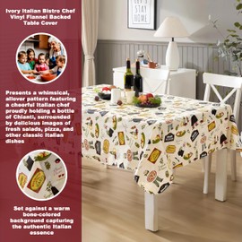 Newbridge 60 x 84 Inch Rectangle Vinyl Tablecloth with Flannel Backing, Italian Bistro Chef, Novelty Chef Indoor Outdoor Waterproof Table Cover for Picnic, Barbecue, Patio and Kitchen Dining, Ivory