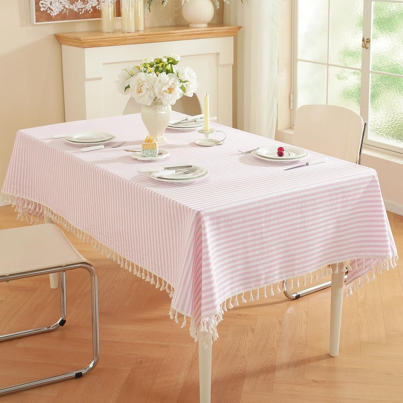 meioro Striped Tassel Table Cloth Square Kitchen Tablecloth, Pink, 90×90cm