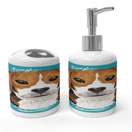 Ambesonne Beagle Soap Dispenser & Toothbrush Holder Set, Cartoon Whiskered Dog Portrait Alongside Its Appellation Typography, Ceramic Bathroom Toiletry Accessories, 2 Pcs, Dark Seafoam and Multicolor