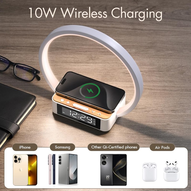 WILIT Bedside Lamp with Alarm Clock,Touch Lamp with Wireless Charger,Nightlight