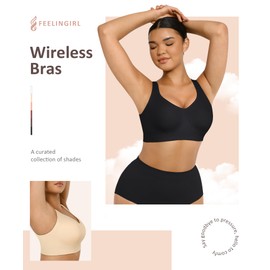 FeelinGirl Wireless Bras for Women No Underwire Bralettes Adjustable Straps Bra Womens Soft Cups Bralettes Underoutfit Seamless Everyday Bras Black M