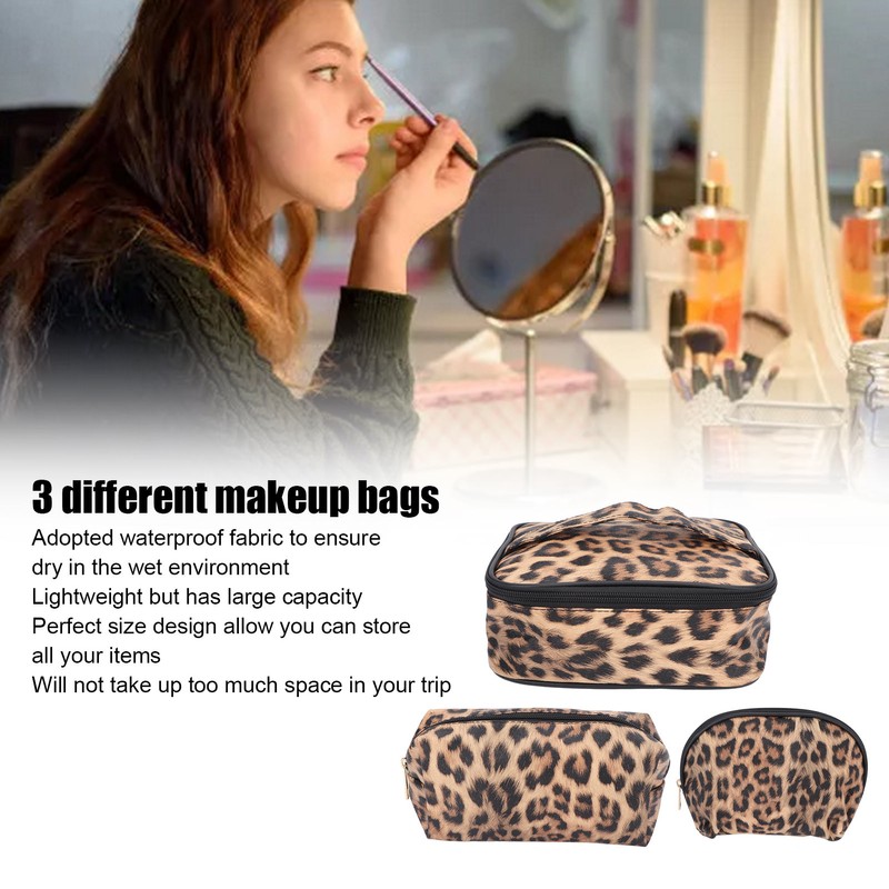 3pcs Makeup Cosmetic Storage Bag PU Leather Waterproof Zipper Closure